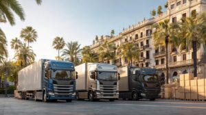 Drei moderne Umzugstrucks in Spanien als Symbol für den Speditionen-Vergleich beim Umzug nach Spanien