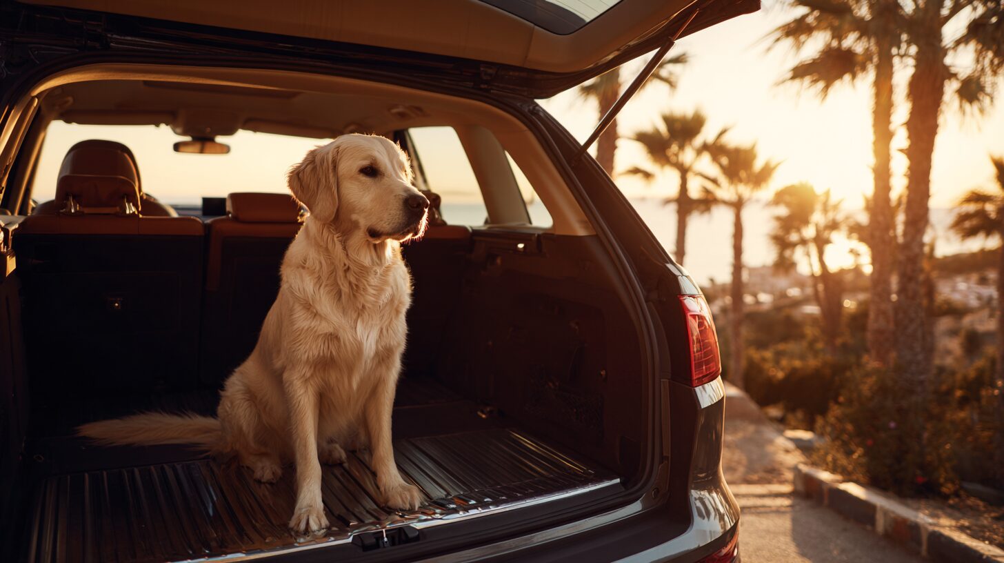 Hund sitzt im Kofferraum eines Autos vor mediterraner Landschaft in Spanien bei Sonnenuntergang – Symbol für Haustiertransport und Einreisebestimmungen.