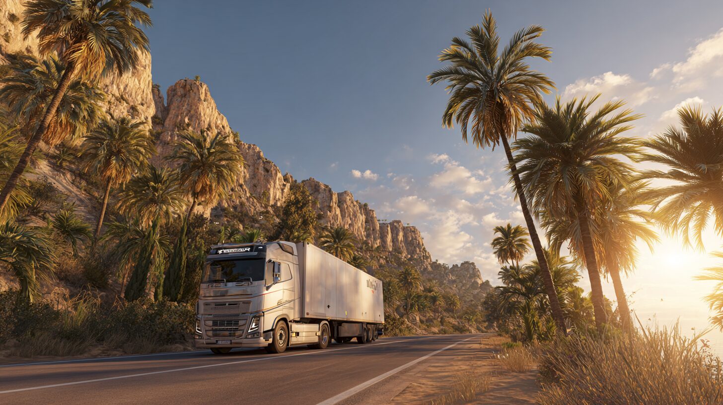 Großer Umzugs-LKW auf spanischer Küstenstraße als Symbol für kurzfristige Spedition für Umzug nach Spanien