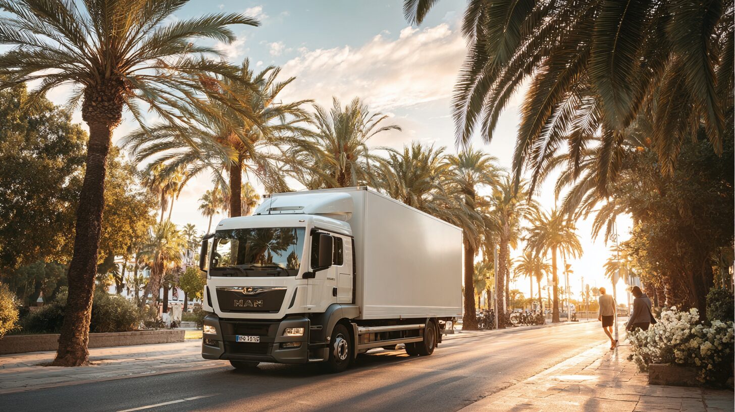 Umzugslastwagen fährt durch eine sonnige spanische Palmallee – professioneller Spanien-Umzug.