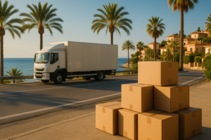 Umzugs-LKW an der spanischen Küste als Symbol für ein professionelles Umzugsangebot nach Spanien