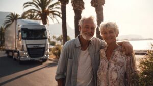 Älteres Ehepaar steht lächelnd vor einem Umzugs-LKW an der spanischen Küste – Symbol für Auswanderung, Ruhestand und Umzug nach Spanien.