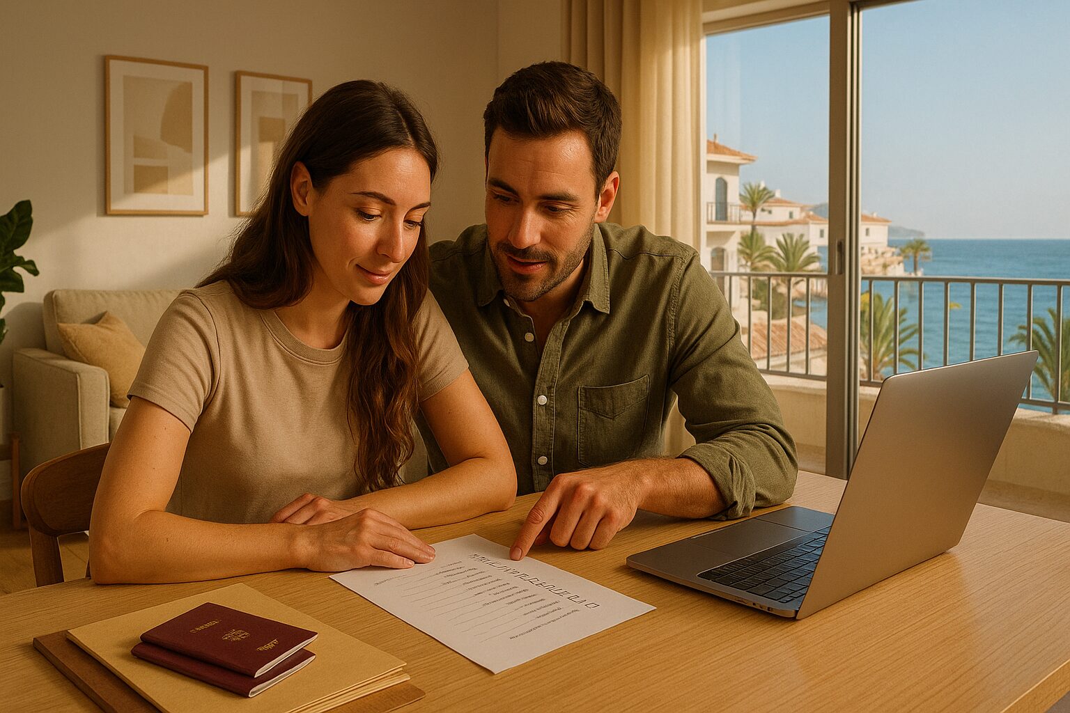 Paar erstellt eine Checkliste für den Umzug nach Spanien am Tisch mit Pässen und Laptop.