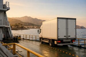 Umzug auf eine spanische Insel mit Fähre und Transportfahrzeug