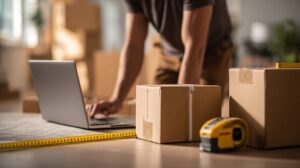 Umzugskartons werden ausgemessen, um das Umzugsvolumen für den Spanien-Umzug korrekt zu berechnen.